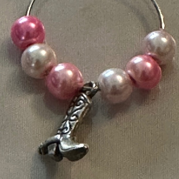 3/$15 Wine glass tag, stainless steel hoop, pink/white beads, cowboy boot charm - Picture 14 of 14